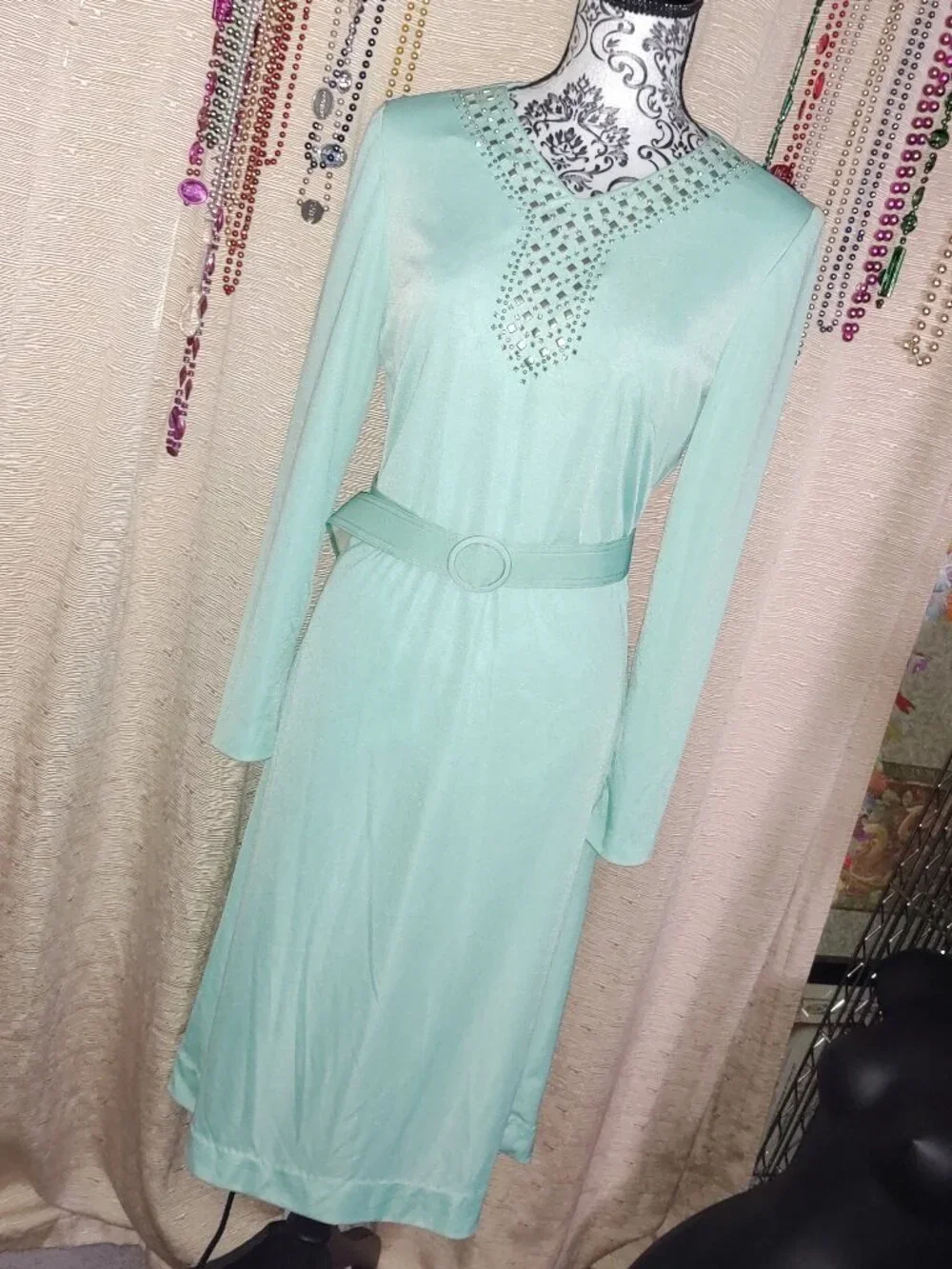 Vintage Mint Green Long Sleeve Midi Dress